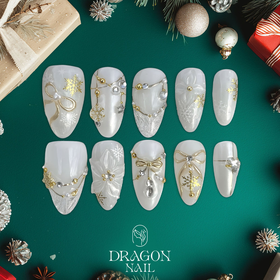 White Winter Nails, Gold Snowflake &amp; Pearl Bow Press-On Set, Elegant Holiday Design