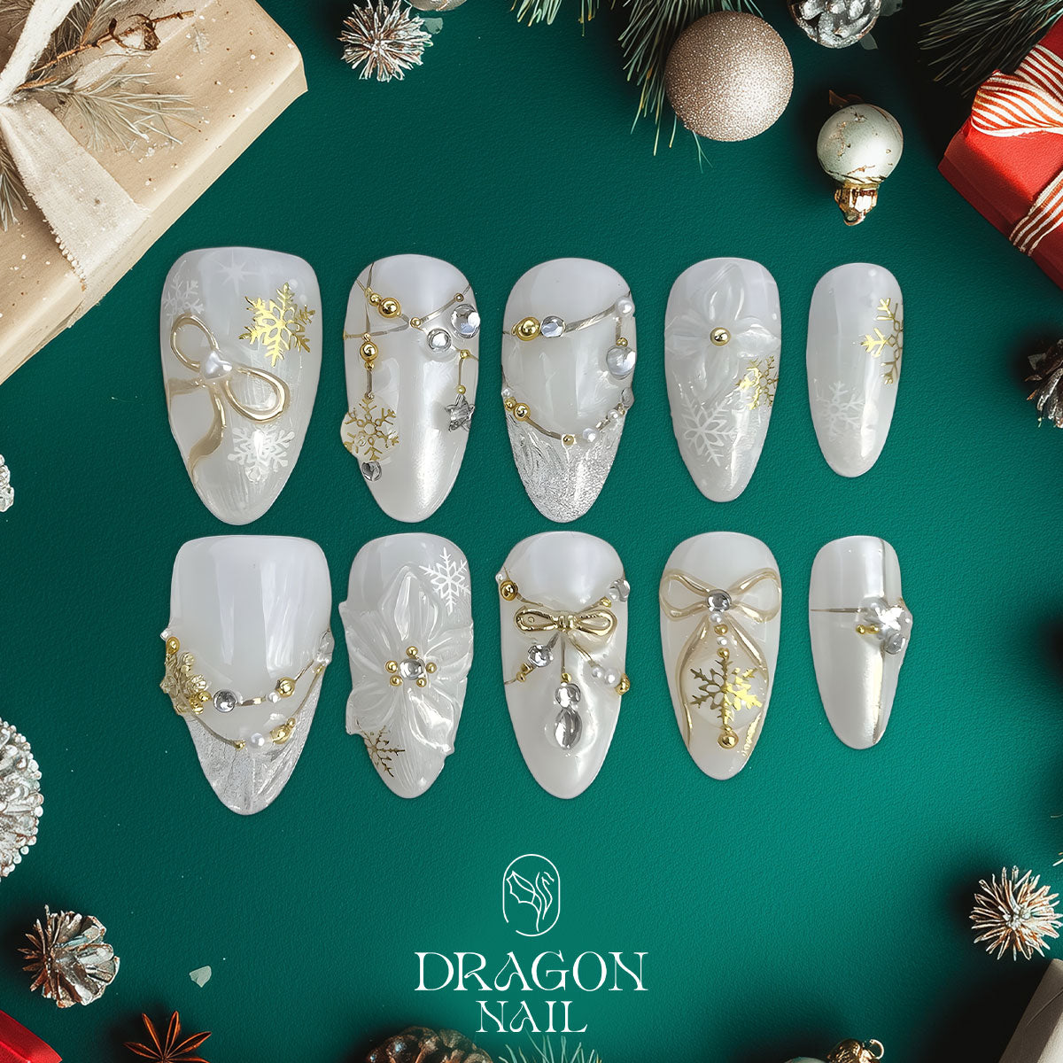 White Winter Nails, Gold Snowflake &amp; Pearl Bow Press-On Set, Elegant Holiday Design