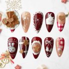 Cute Bunny Cookie Press-On Nails, Red &amp; Nude 3D Nail Set with Biscuits, Hearts &amp; Bows — Cozy Handmade Nail Art for Holidays