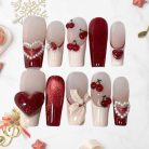Cherry Heart Press-On Nails, Red and Nude 3D Nail Set with Pearls, Glossy Hearts &amp; Bows — Handmade Romantic Nail Art for Women