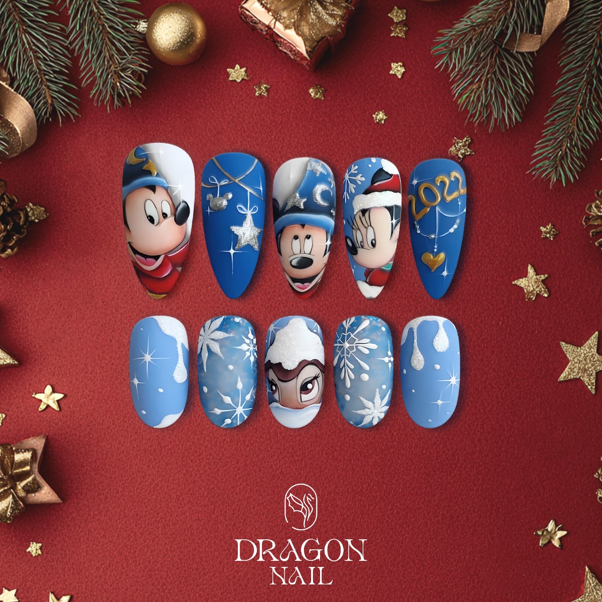 New Trending Disney Christmas Press-On Nails – Mickey, Stitch, Belle &amp; Olaf Winter Wonderland Nail Art