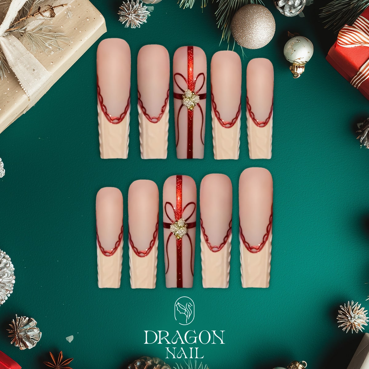 New Trending Nude Red Christmas Press-On Nails – Gift Ribbon &amp; Knit Texture Design