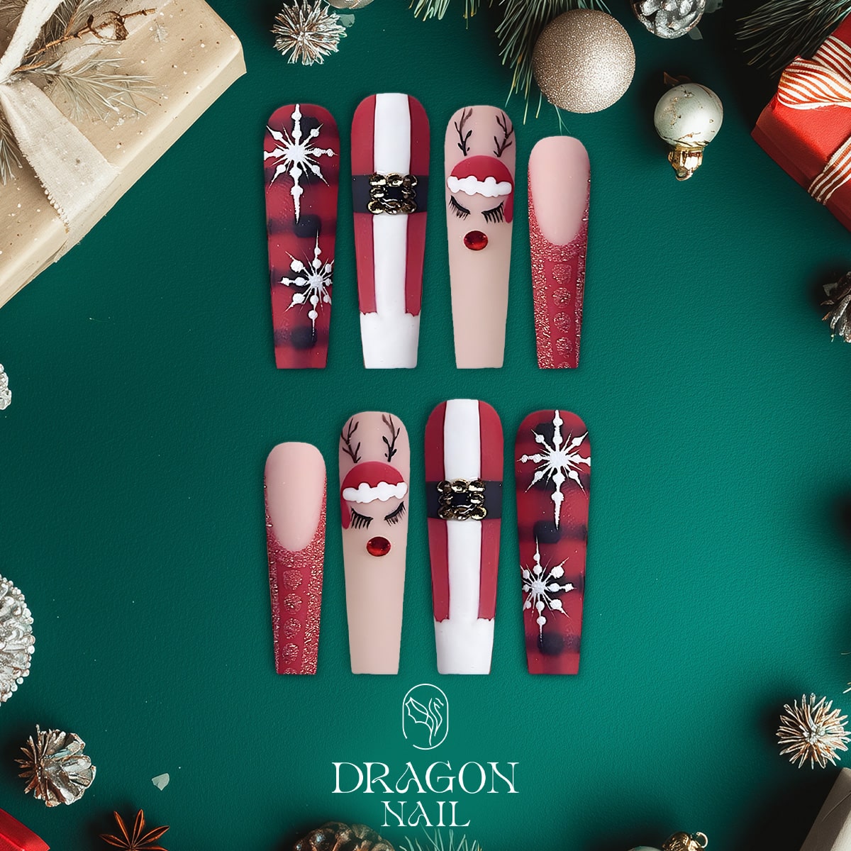 New Trending Red Christmas Press-On Nails – Santa Belt, Snowflake &amp; Plaid Holiday Design