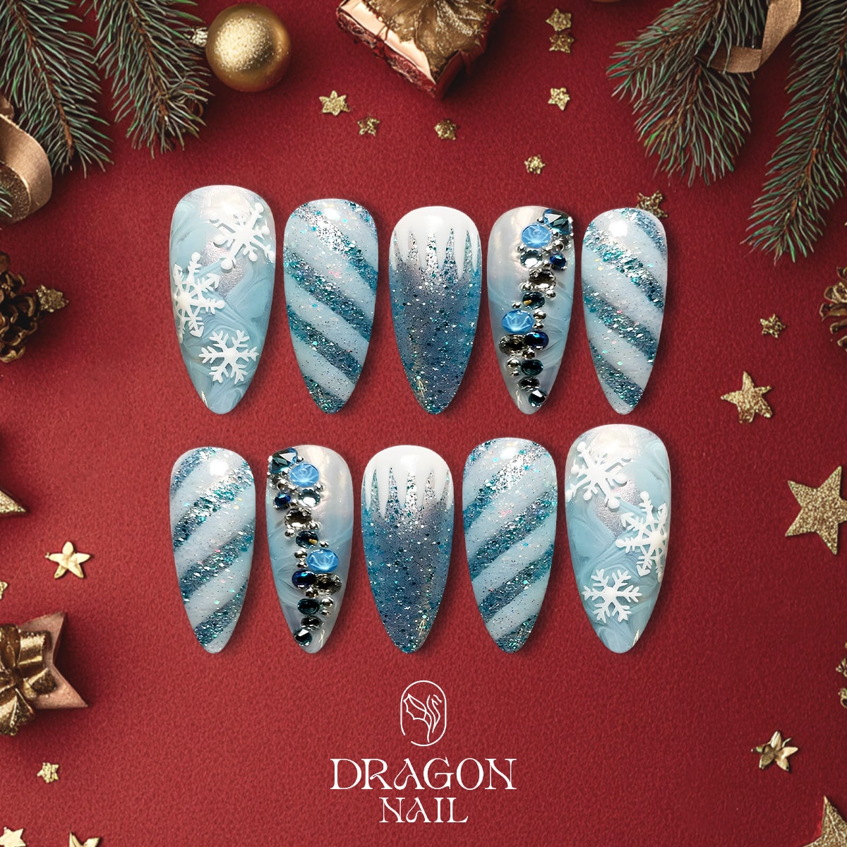 New Trending Winter Wonderland Press-On Nails – Blue Glitter Snowflake Design