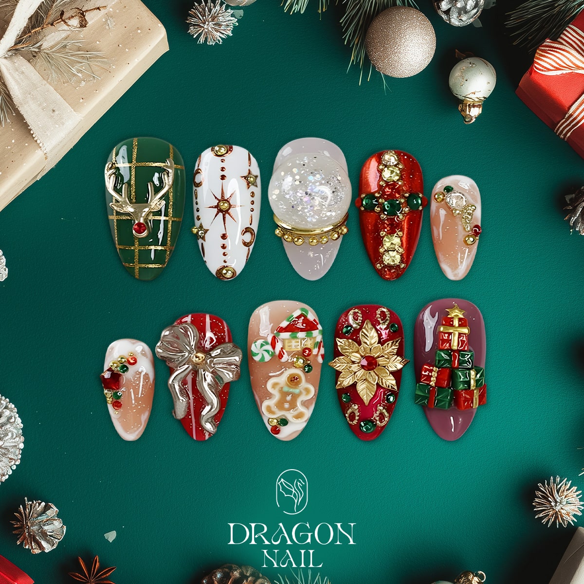 New Trending 3D Christmas Press-On Nails – Reindeer, Poinsettia &amp; Gift Box Holiday Design