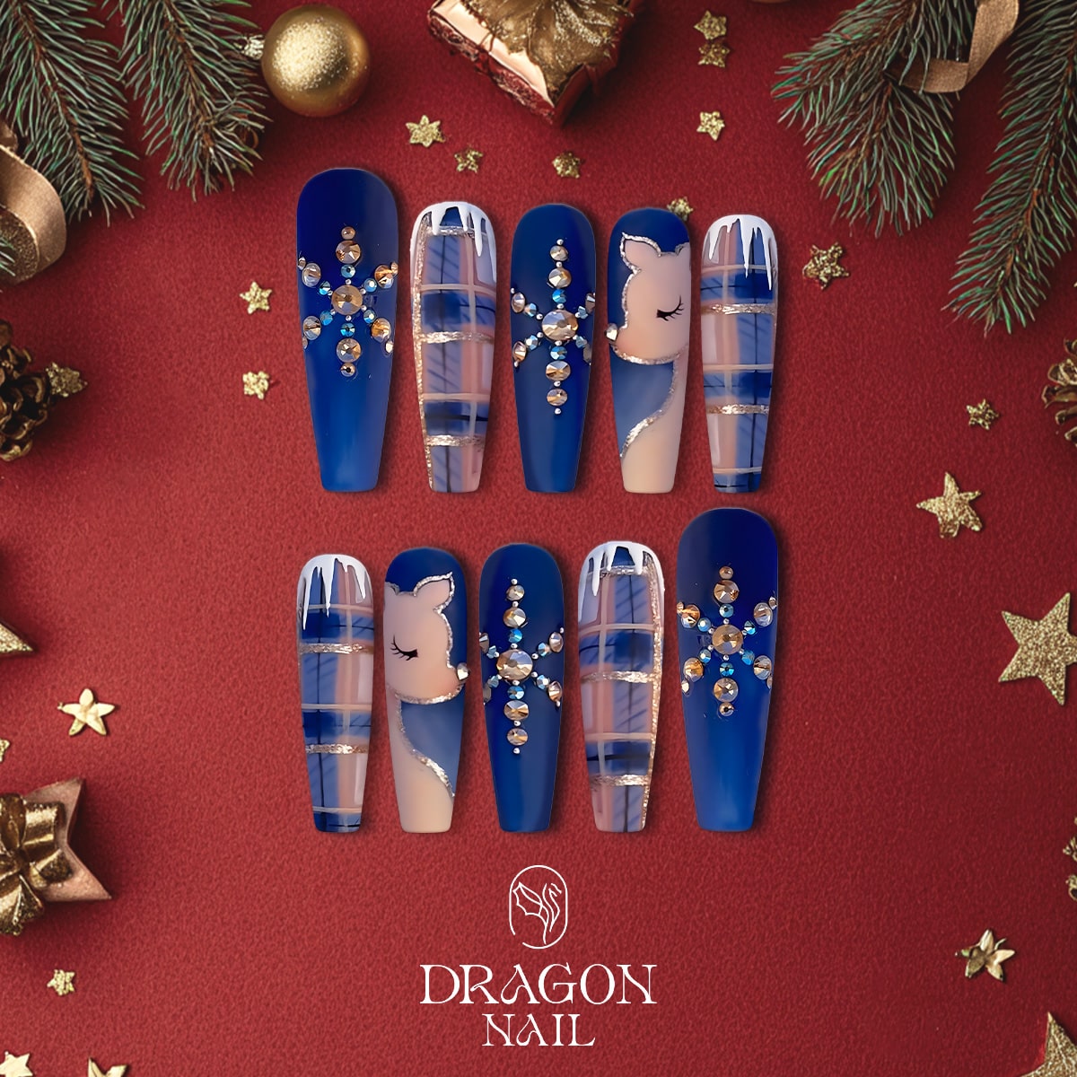 New Trending Blue Reindeer Press-On Nails – Snowflake Rhinestone &amp; Winter Plaid Design