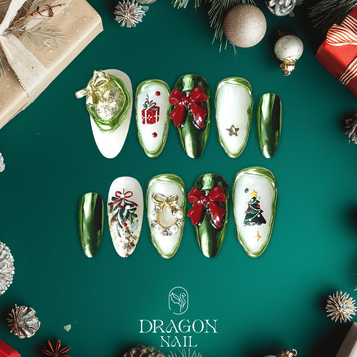 New Trending Green Christmas Press-On Nails – Bow, Gift &amp; Tree 3D Holiday Design