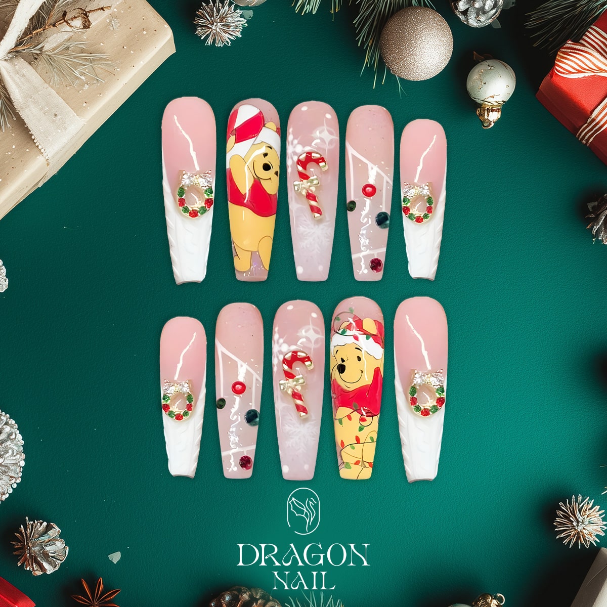 New Trending Christmas Press-On Nails – Winnie-the-Pooh, Cute Bear, Candy Cane &amp; Snowflake Holiday Design