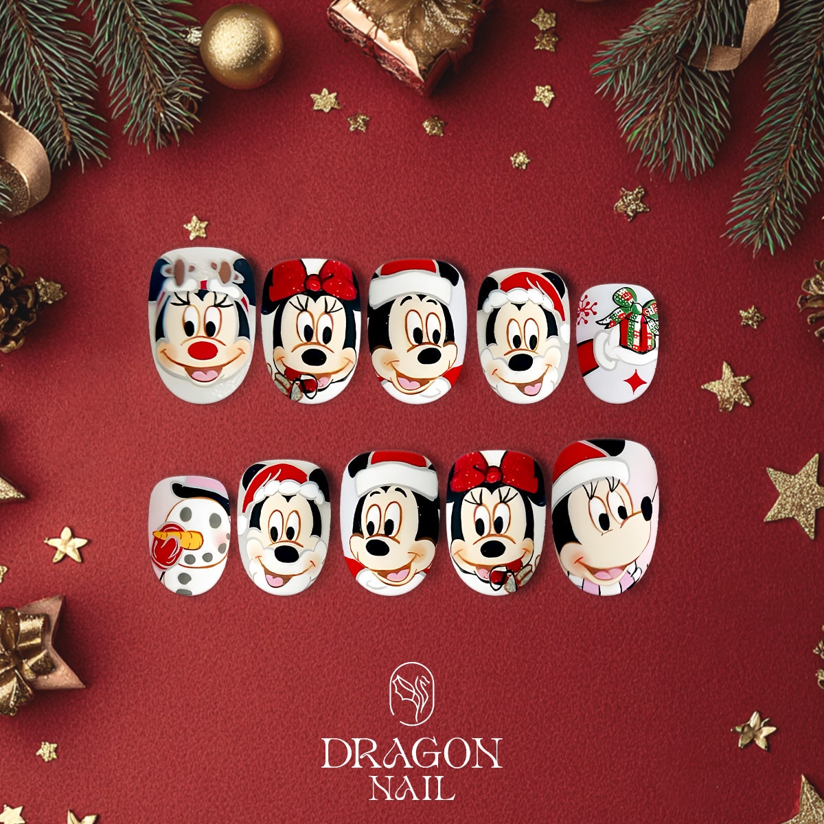 New Trending Christmas Press-On Nails – Mickey, Minnie, Goofy, Snowman &amp; Gift Box Holiday Design