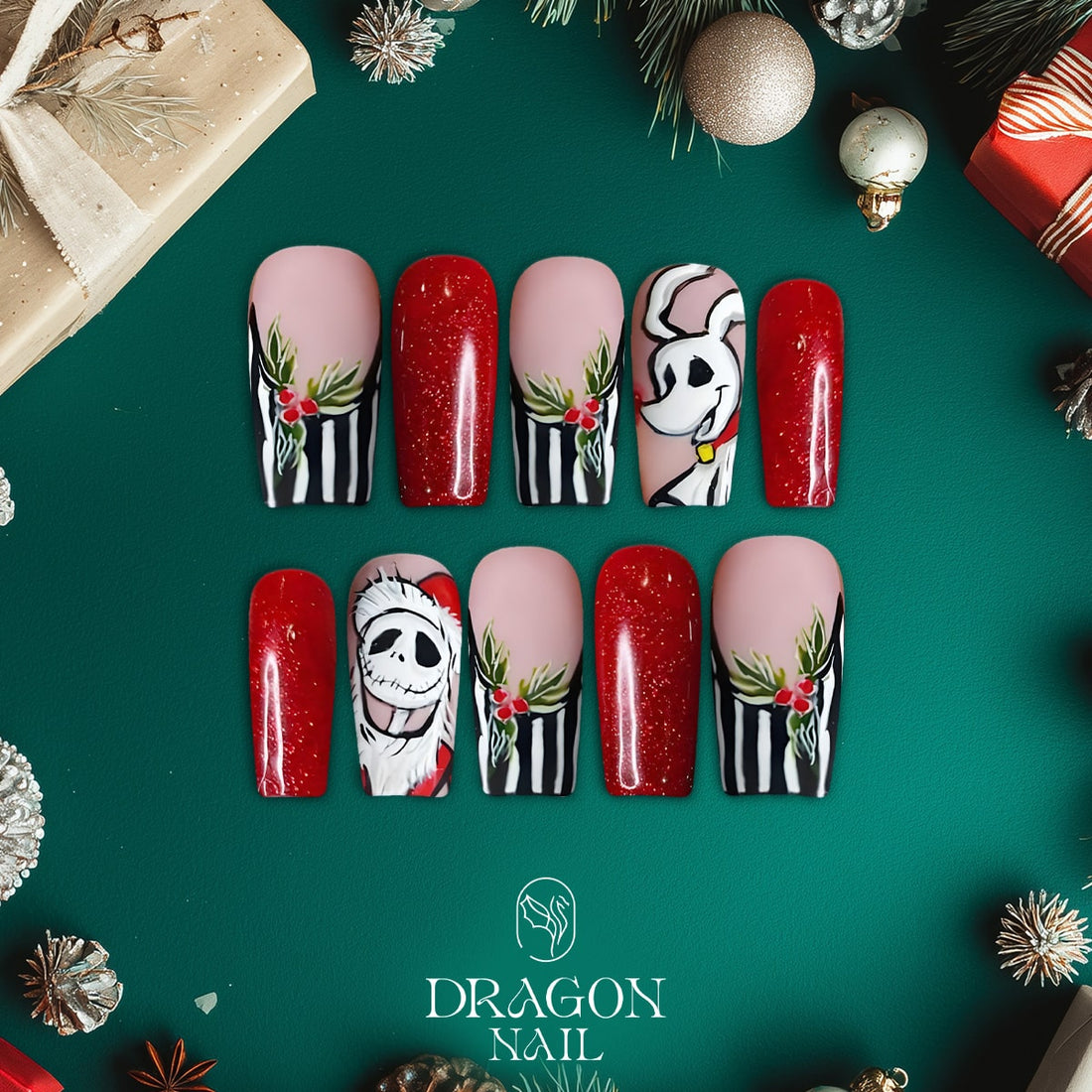 New Trending Christmas Press-On Nails – Jack Skellington &amp; Zero Dog Inspired Holiday Design