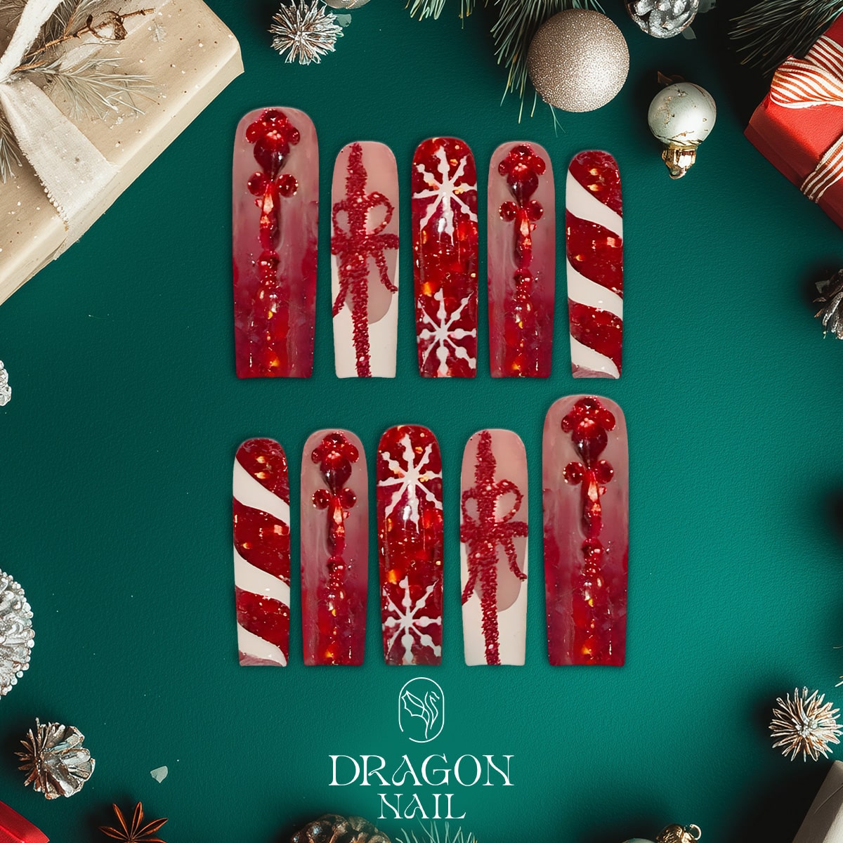 Red Glitter Christmas Gift Press-On Nails – Candy Cane Stripes, Rhinestone Bows &amp; Snowflake Accents