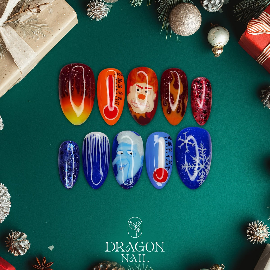New Trending Christmas Press-On Nails – Heat Miser &amp; Snow Miser Inspired Holiday Nail Art