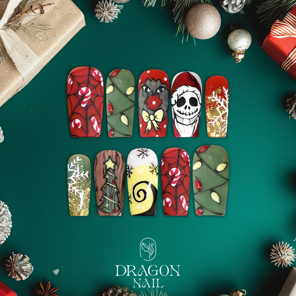 New Trending Christmas Press-On Nails – Jack Skellington, Grinch &amp; Christmas Tree Inspired Holiday Design