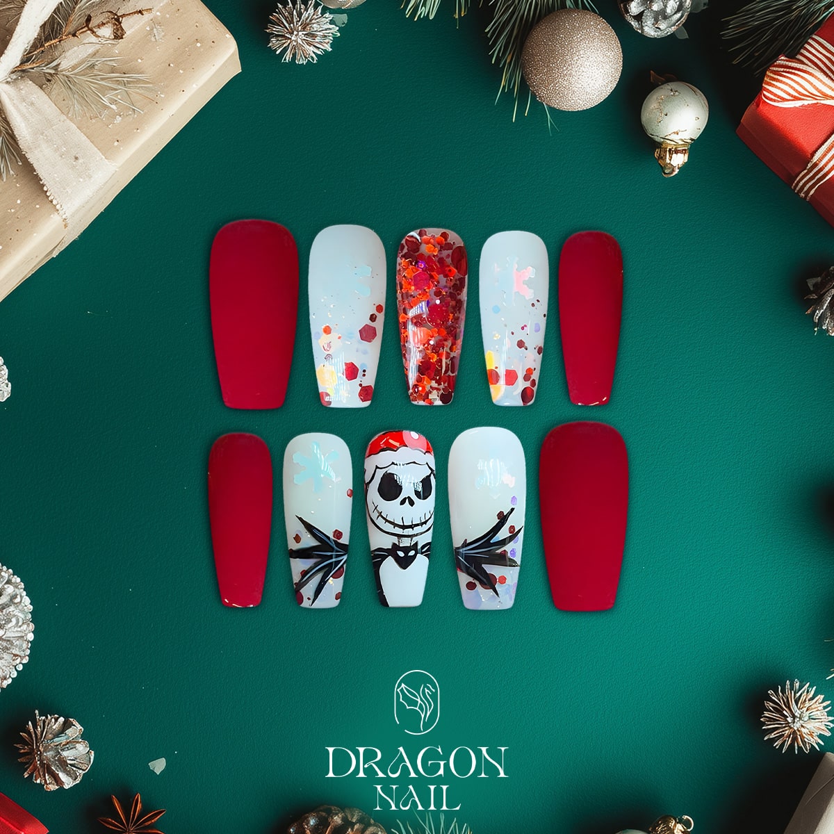 New Trending Christmas Press-On Nails – Jack Skellington Santa Inspired Red &amp; White Holiday Design
