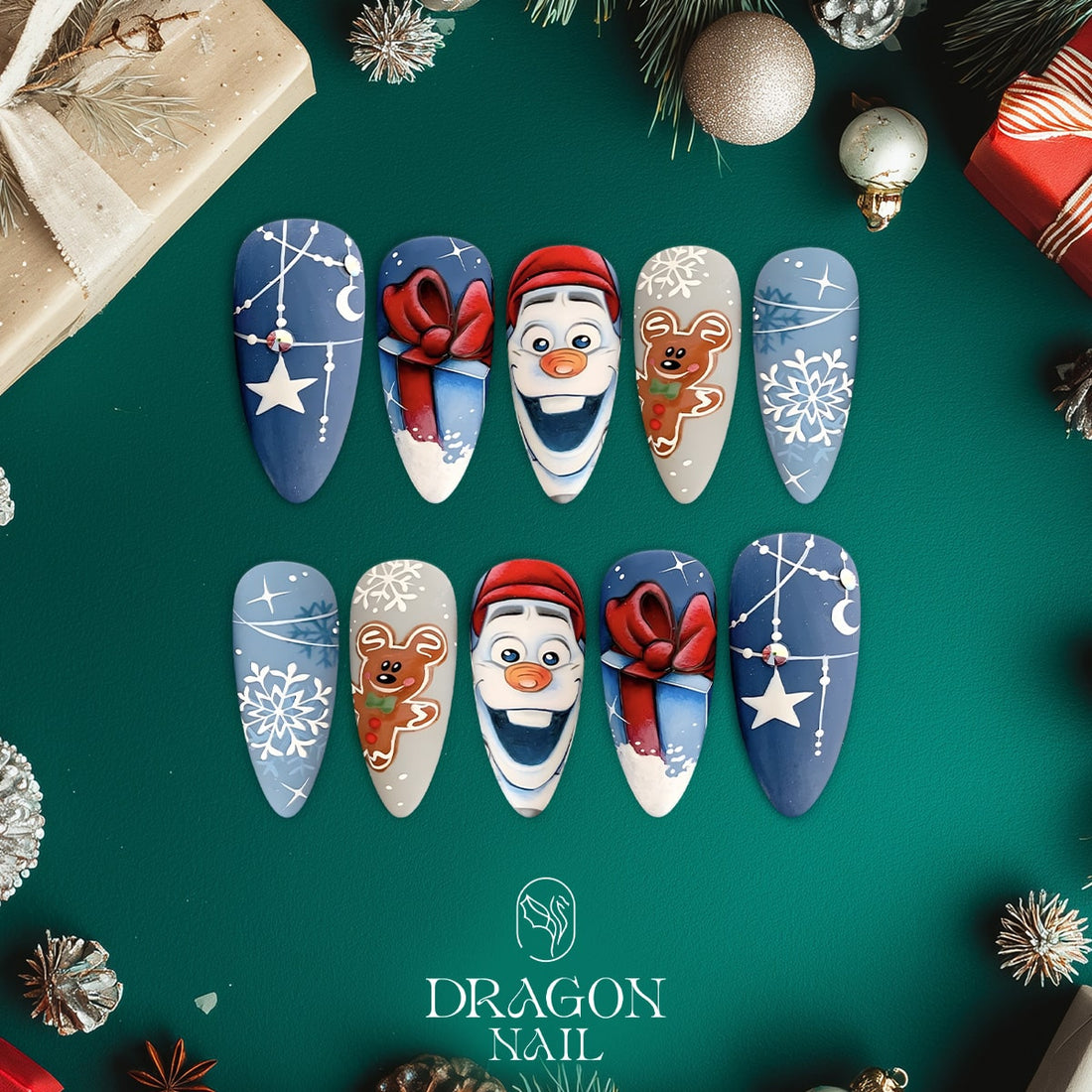 New Trending Olaf Christmas Press-On Nails – Frozen Inspired Blue &amp; Winter Snowflake Design