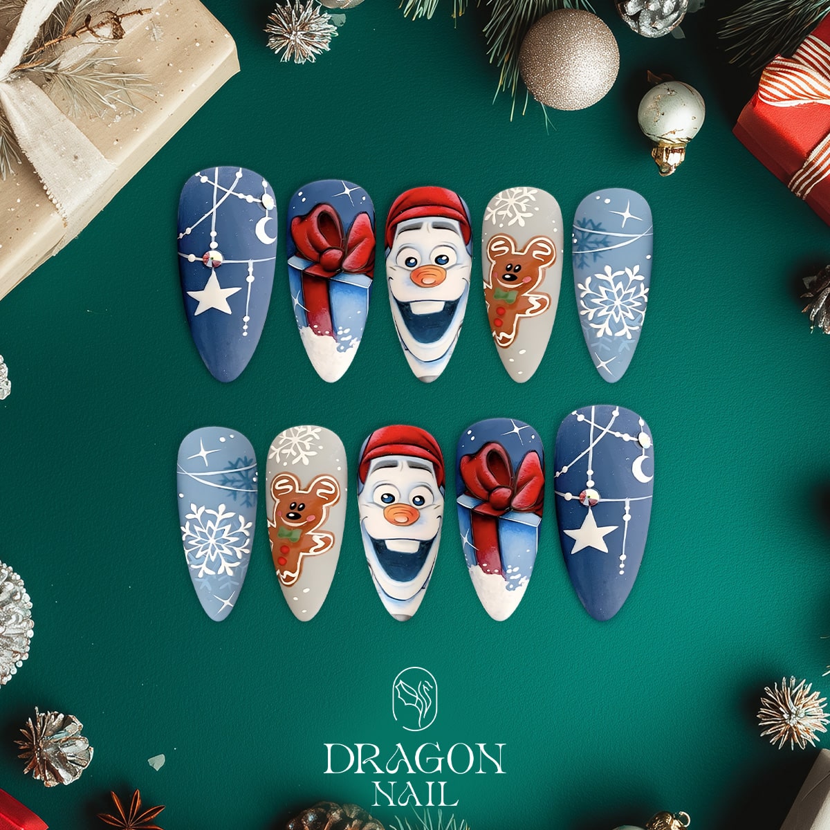 New Trending Olaf Christmas Press-On Nails – Frozen Inspired Blue &amp; Winter Snowflake Design