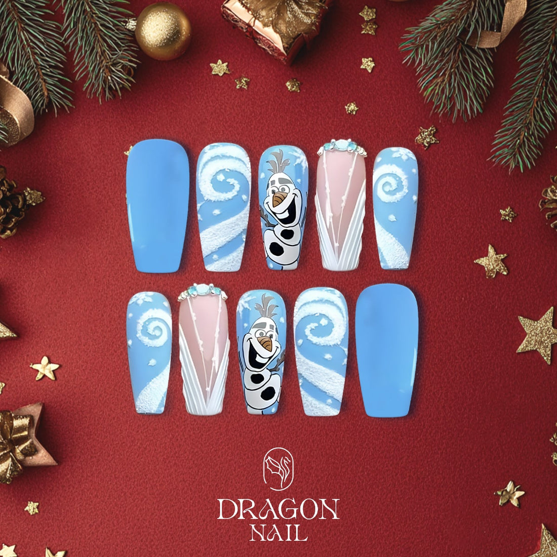 New Trending Olaf Press-On Nails – Frozen Inspired Blue &amp; White Winter Snow Swirl Design
