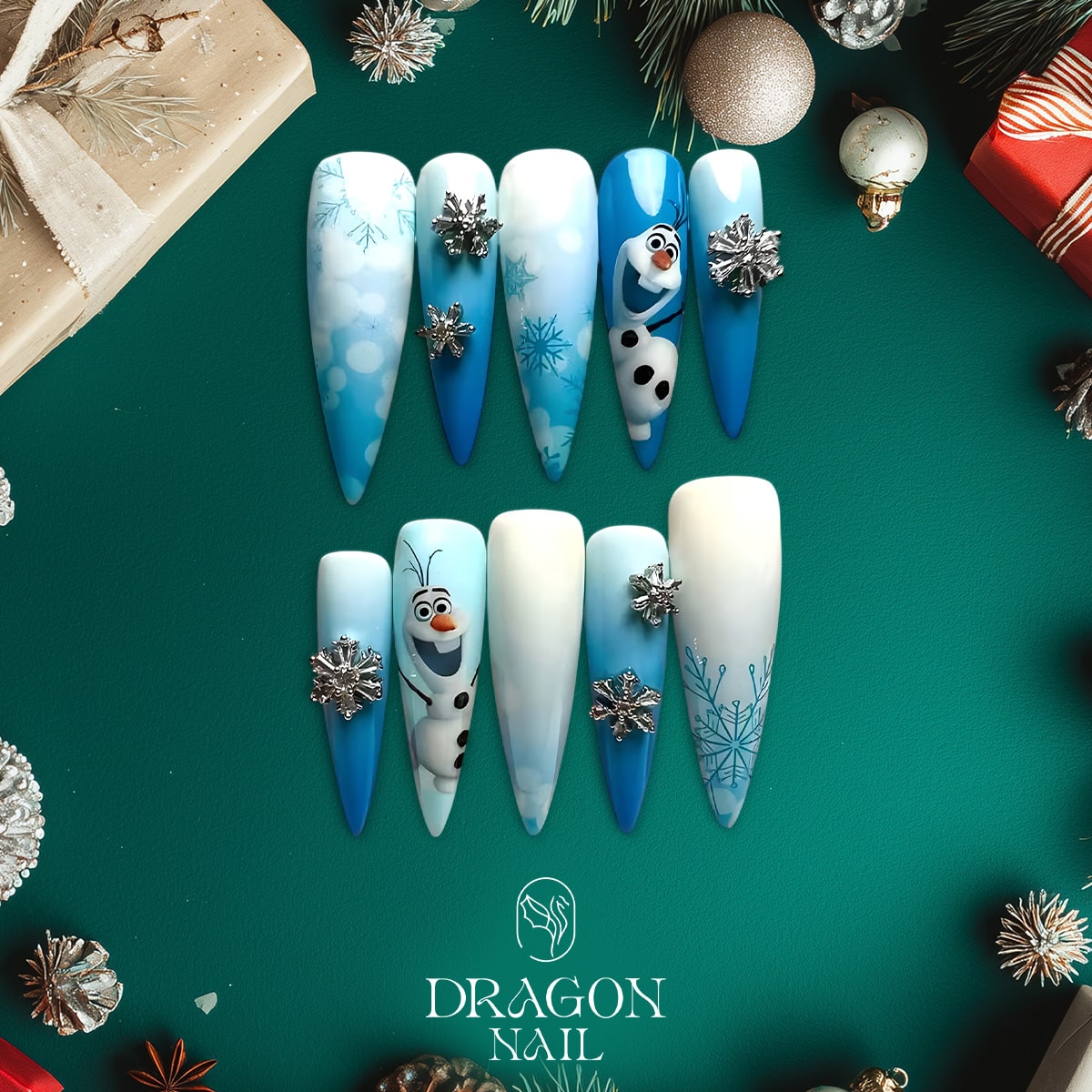 New Trending Olaf Frozen Press-On Nails – Blue &amp; White Snowflake Winter Nail Design