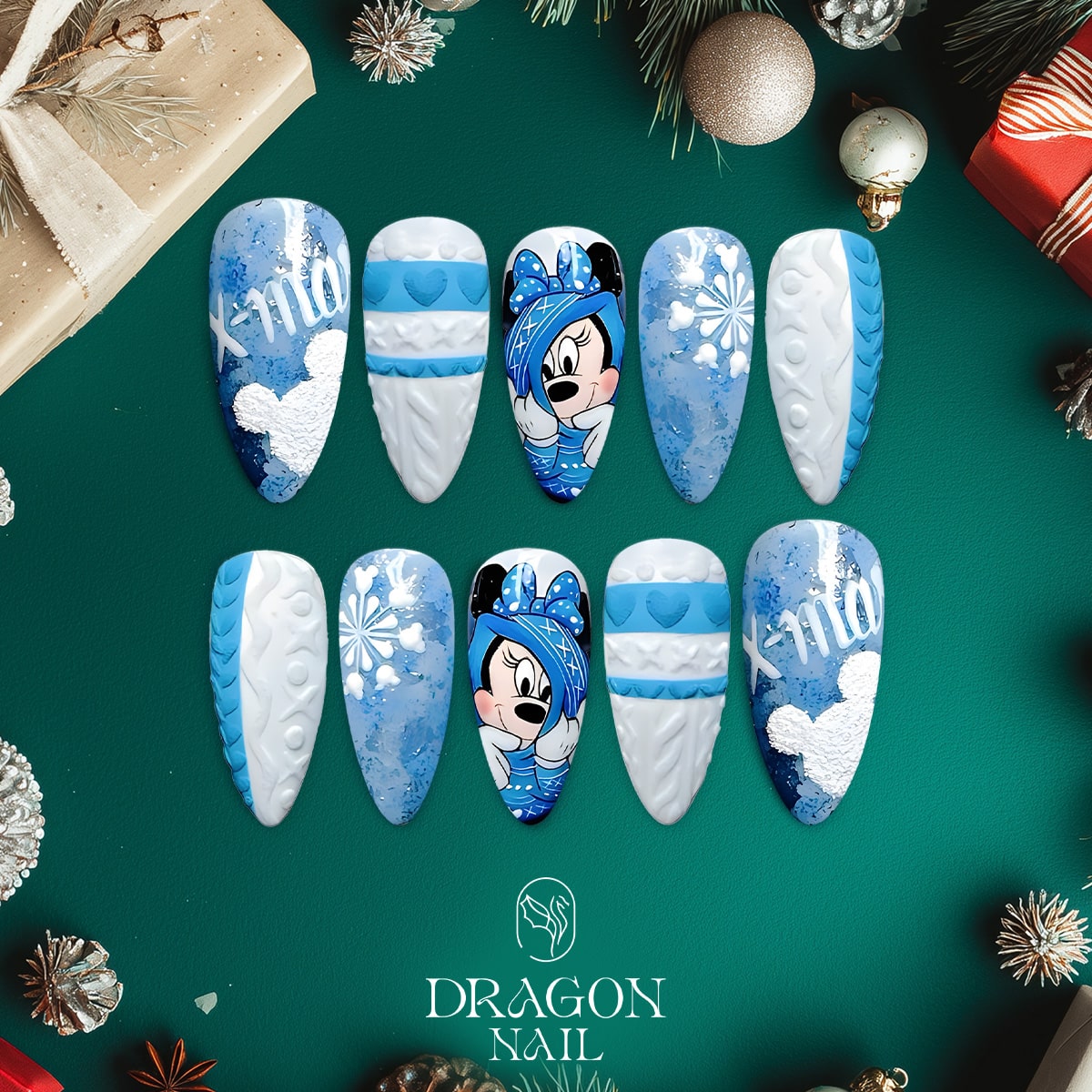 New Trending Minnie Mouse Winter Press-On Nails – Blue Sweater &amp; Snowflake Christmas Design