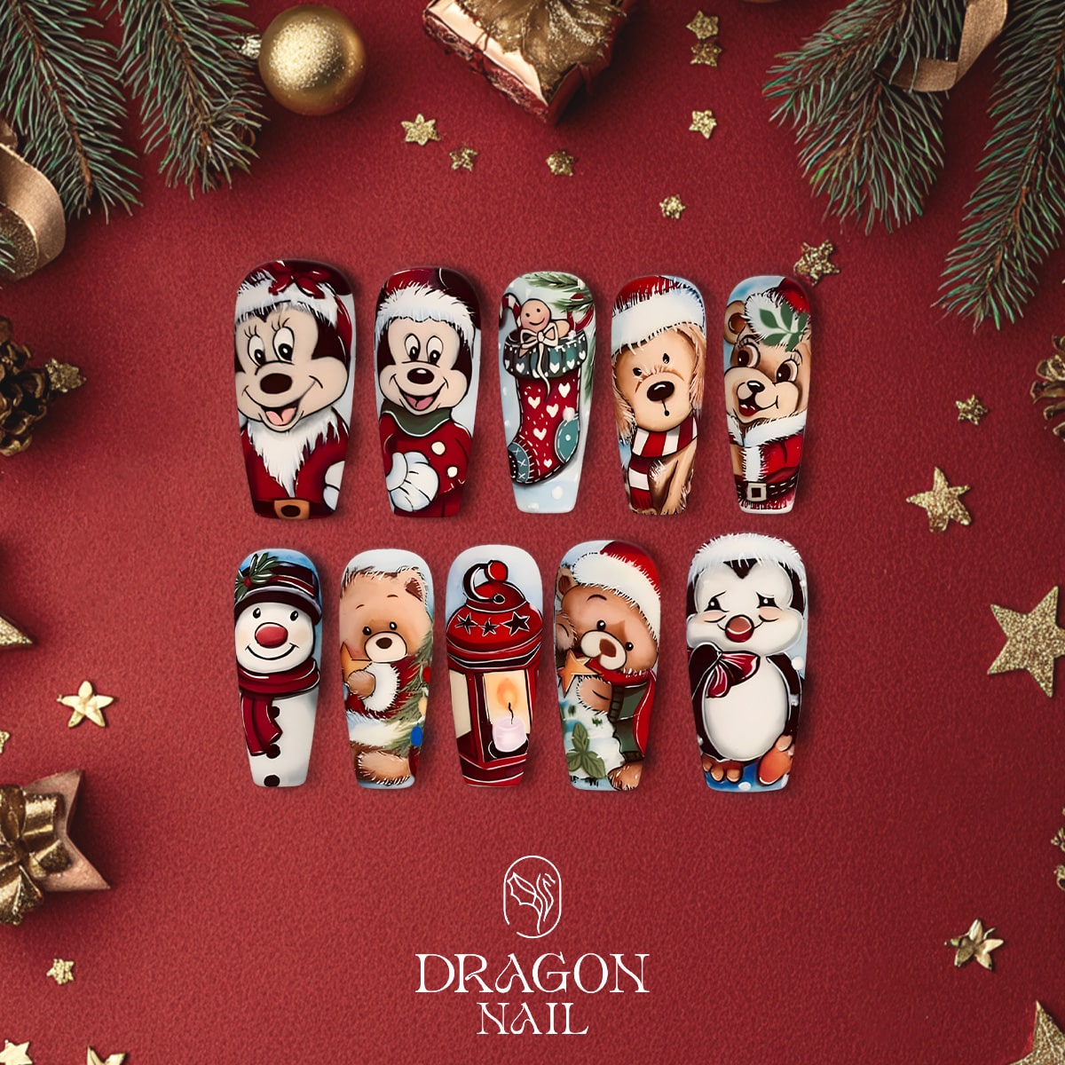 New Trending Christmas Cartoon Press-On Nails – Mickey, Teddy Bear, Penguin &amp; Snowman Holiday Nail Art