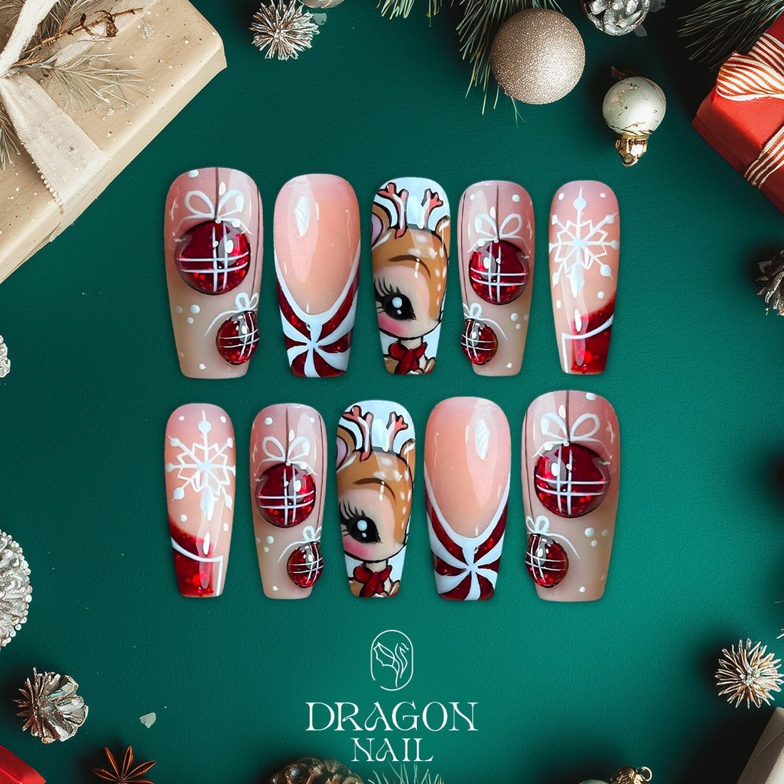 New Trending Reindeer Christmas Press-On Nails – Cute Rudolph, Red Ornaments &amp; Snowflake Holiday Nail Design