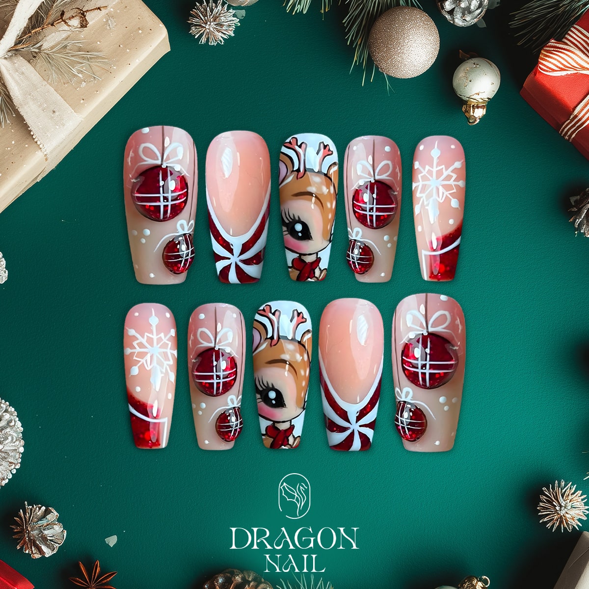 New Trending Reindeer Christmas Press-On Nails – Cute Rudolph, Red Ornaments &amp; Snowflake Holiday Nail Design