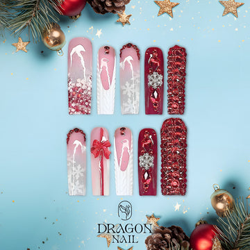 Red Rhinestone Christmas Press-On Nails – Long Coffin Shape, Snowflake &amp; Sweater Design, Festive 3D Accents