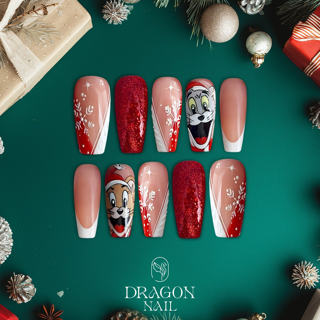 New Trending Tom and Jerry Christmas Press-On Nails – Red Glitter, Snowflake &amp; Cartoon Holiday Nail Design