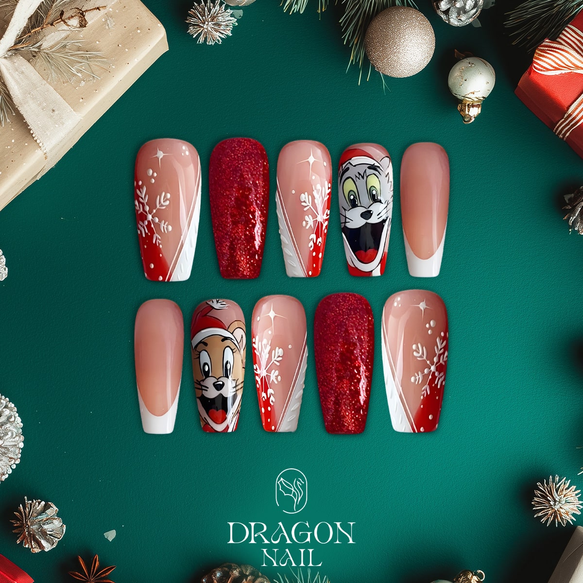 New Trending Tom and Jerry Christmas Press-On Nails – Red Glitter, Snowflake &amp; Cartoon Holiday Nail Design