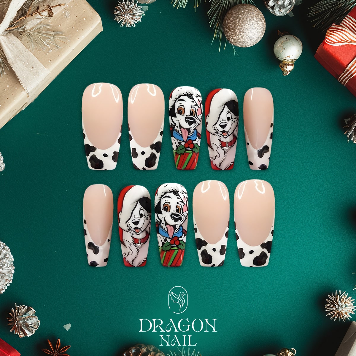 New Trending 101 Dalmatians Christmas Press-On Nails – Cute Puppy Holiday Design, Black &amp; White Spots