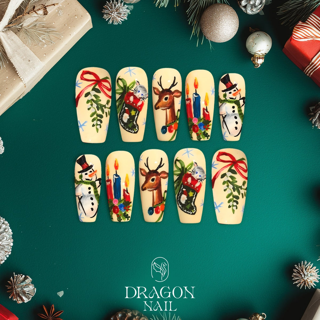 Christmas Reindeer Nails, Hand-Painted Holiday Press-On Set, Cozy Winter Look, Limited Edition