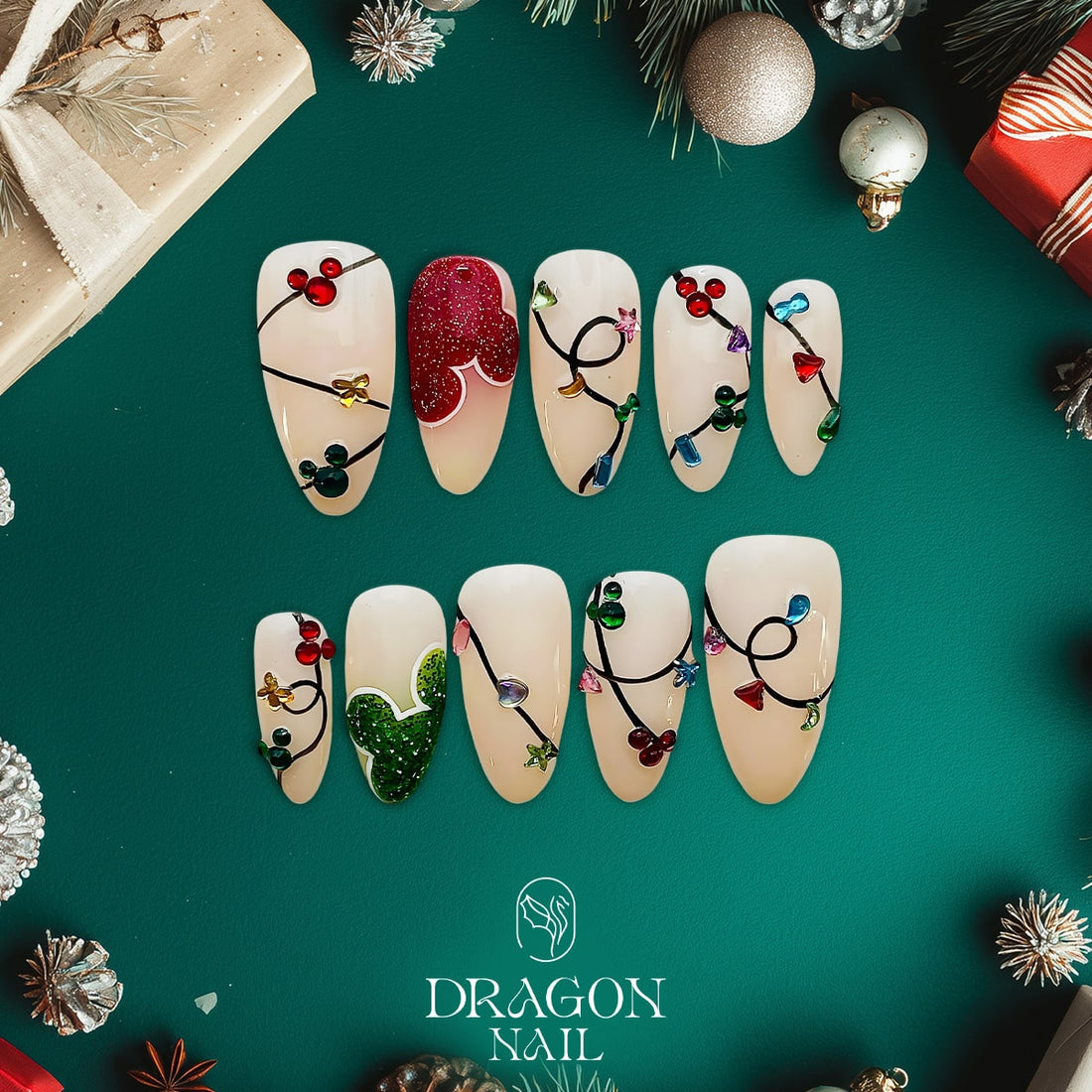 Mickey Christmas Nails, Reusable Press-On Set, Festive Disney Lights Design, Limited Edition