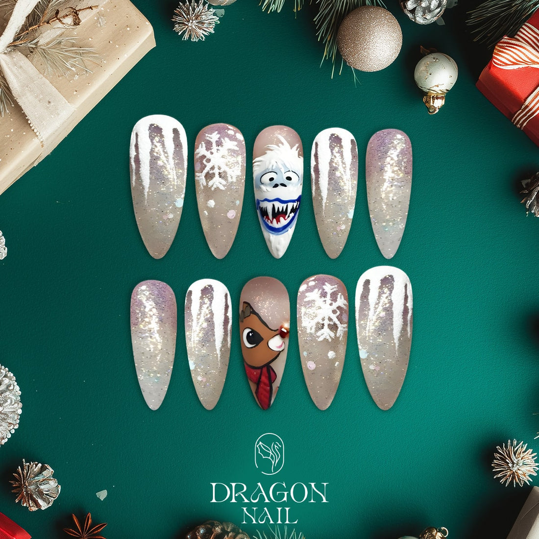 Rudolph Christmas Nails, Reusable Press-On Set, Glitter Winter Look, Limited Edition