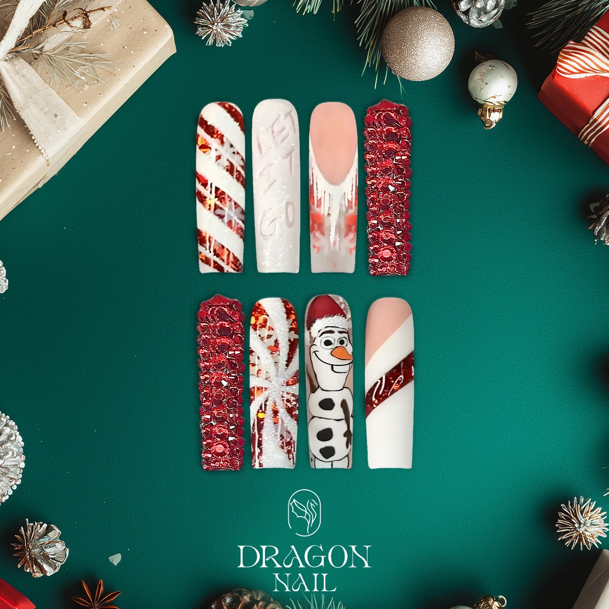 Frozen Olaf Christmas Press-On Nails – Red &amp; White Glitter Candy Cane Design, Long Coffin Shape