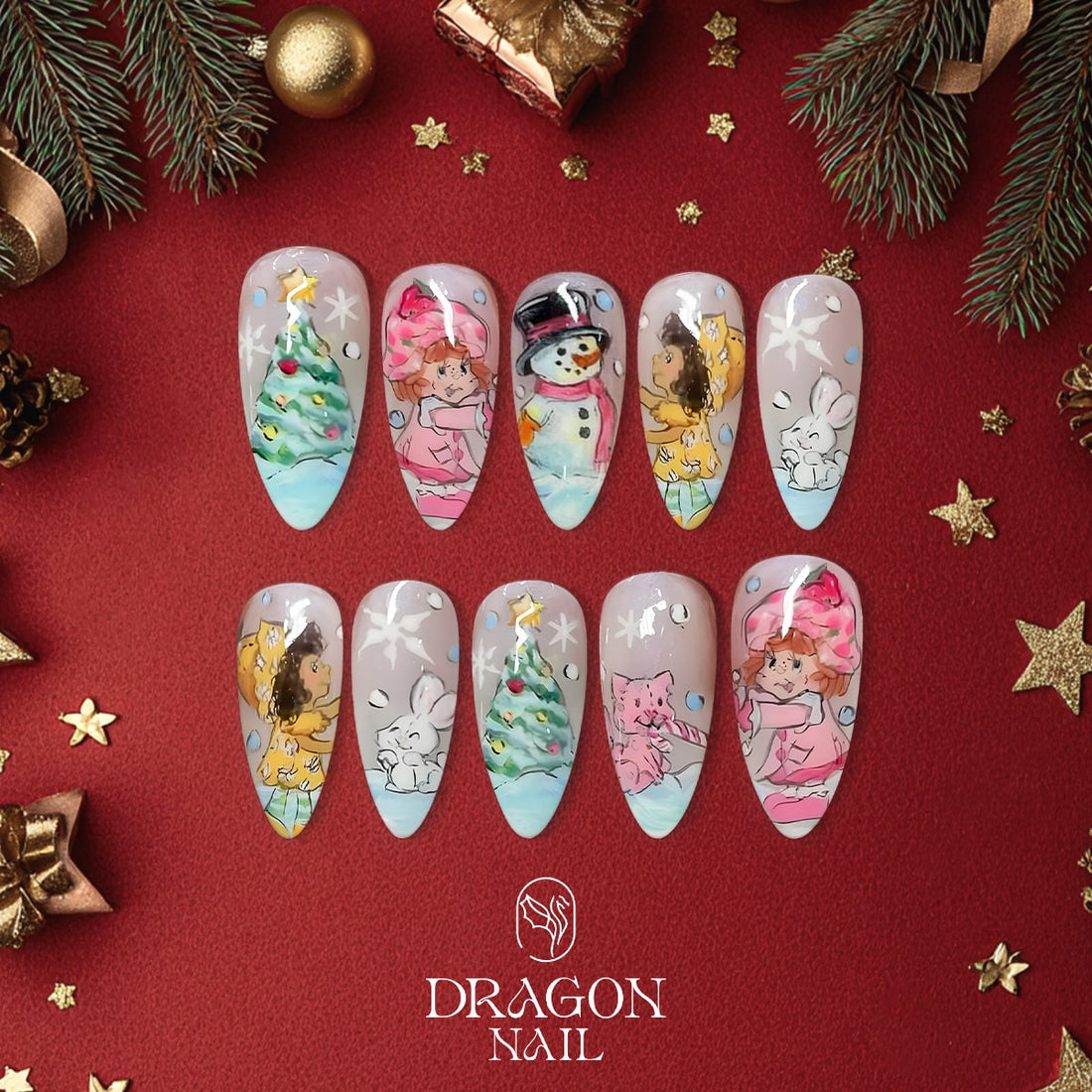 Pastel Christmas Nails, Reusable Press-On Set, Cute Winter Art Design, Limited Edition