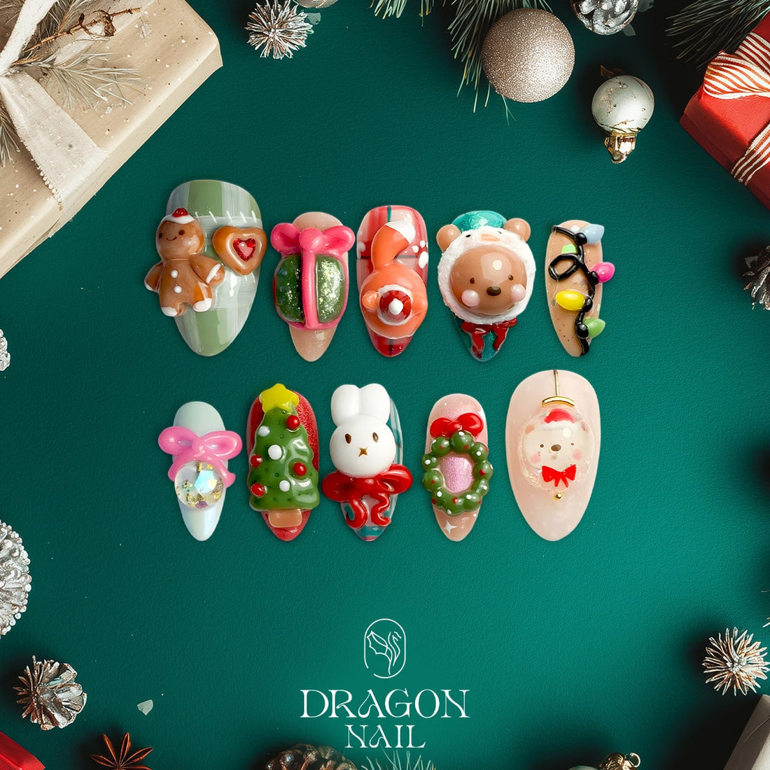 3D Christmas Nails, Reusable Press-On Set, Cute Holiday Kawaii Design, Limited Edition