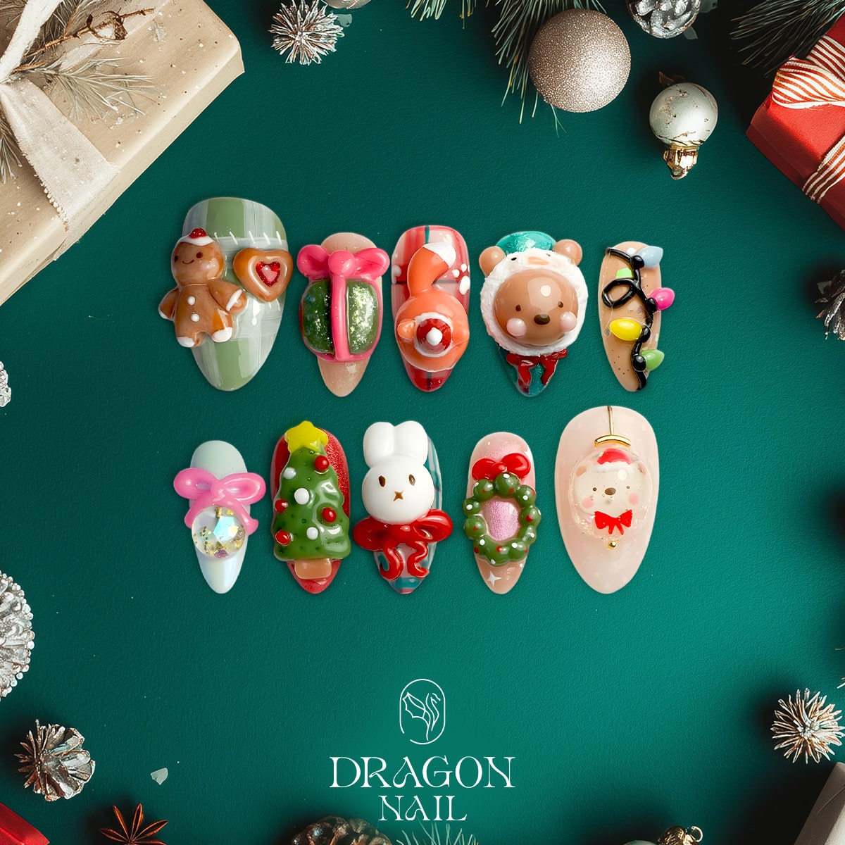3D Christmas Nails, Reusable Press-On Set, Cute Holiday Kawaii Design, Limited Edition