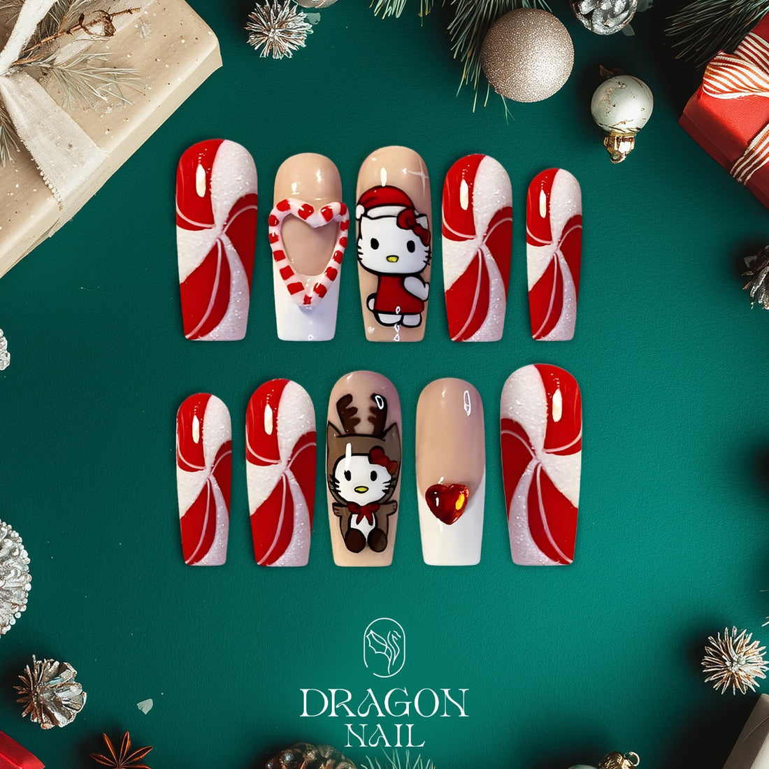 Hello Kitty Christmas Nails, Reusable Press-On Set, Candy Cane Holiday Look, Limited Edition