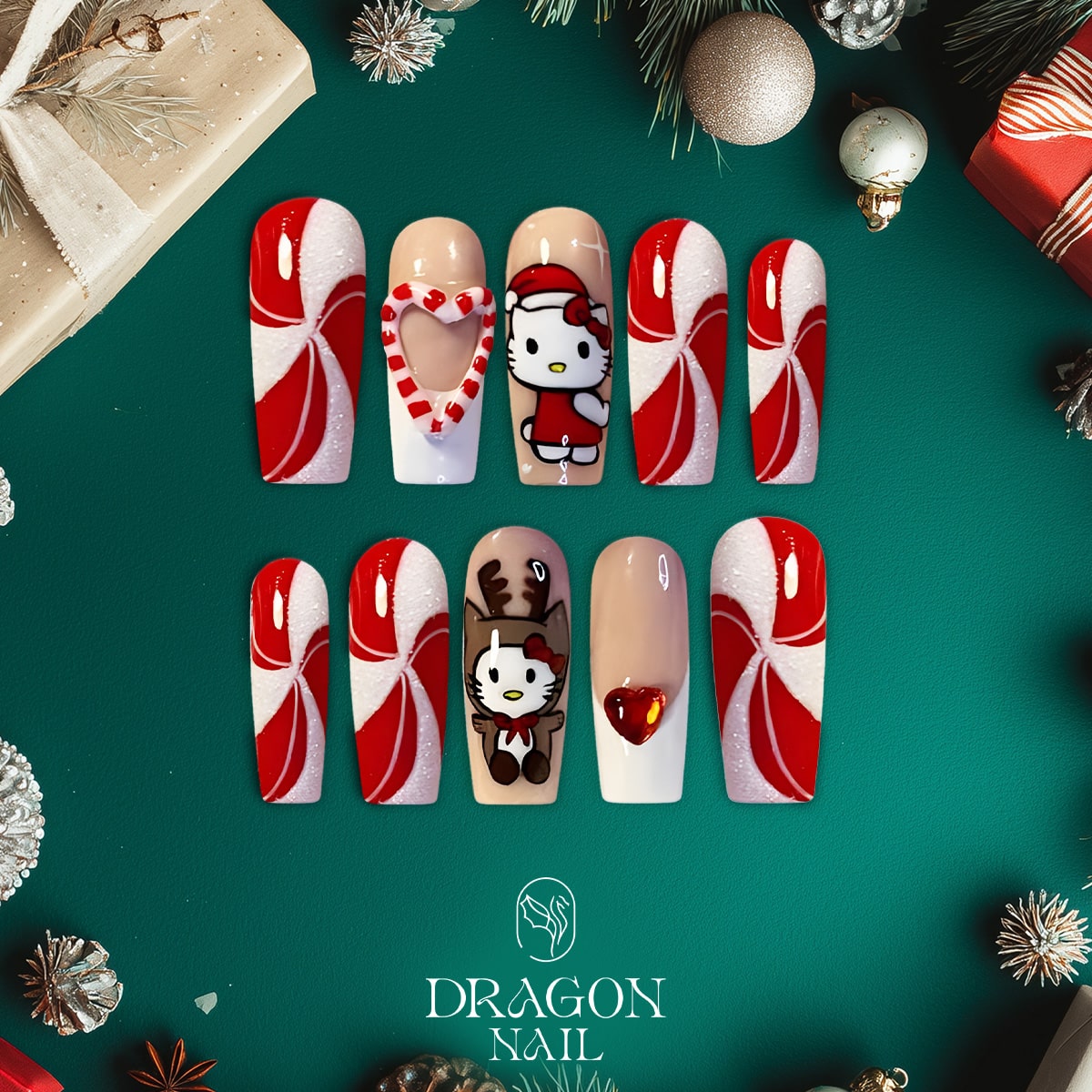 Hello Kitty Christmas Nails, Reusable Press-On Set, Candy Cane Holiday Look, Limited Edition