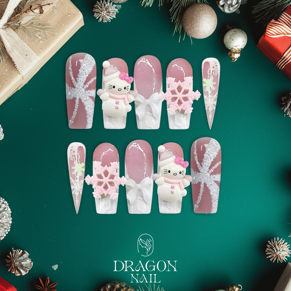 Hello Kitty 3D Christmas Nails, Reusable Press-On Set, Pink Winter Wonderland, Limited Edition