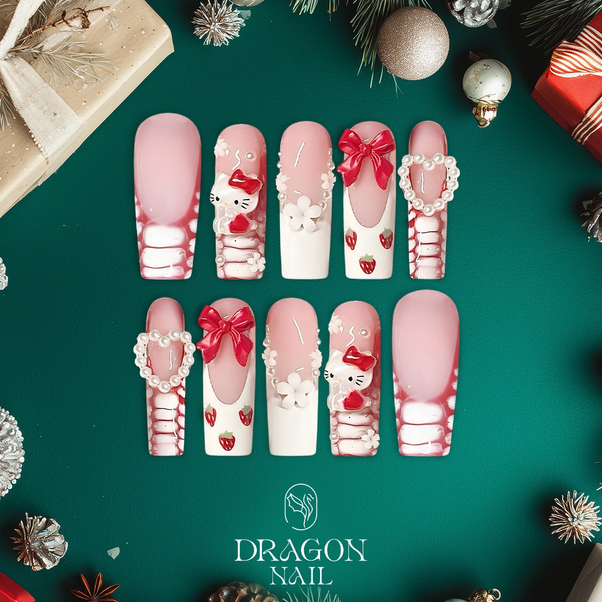 Hello Kitty 3D Strawberry Nails, Reusable Press-On Set, Sweet Kawaii Look, Limited Edition