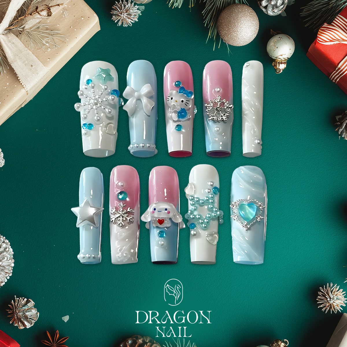 Hello Kitty &amp; Cinnamoroll 3D Frosty Nails, Reusable Press-On Set, Pastel Winter Look, Limited Edition