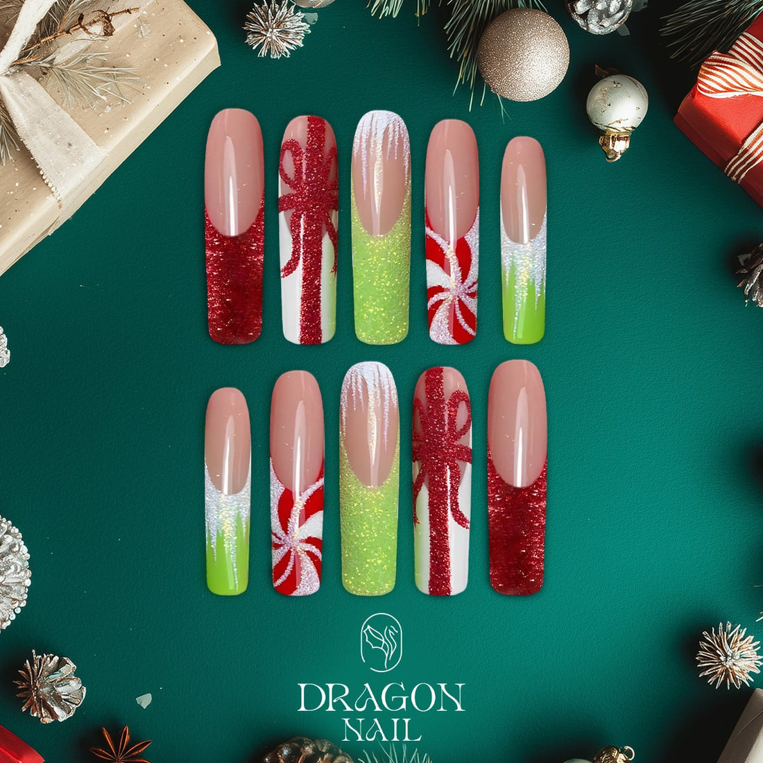 Christmas Gift Box Nails, Reusable Press-On Set, Red &amp; Green Holiday Glam, Limited Edition
