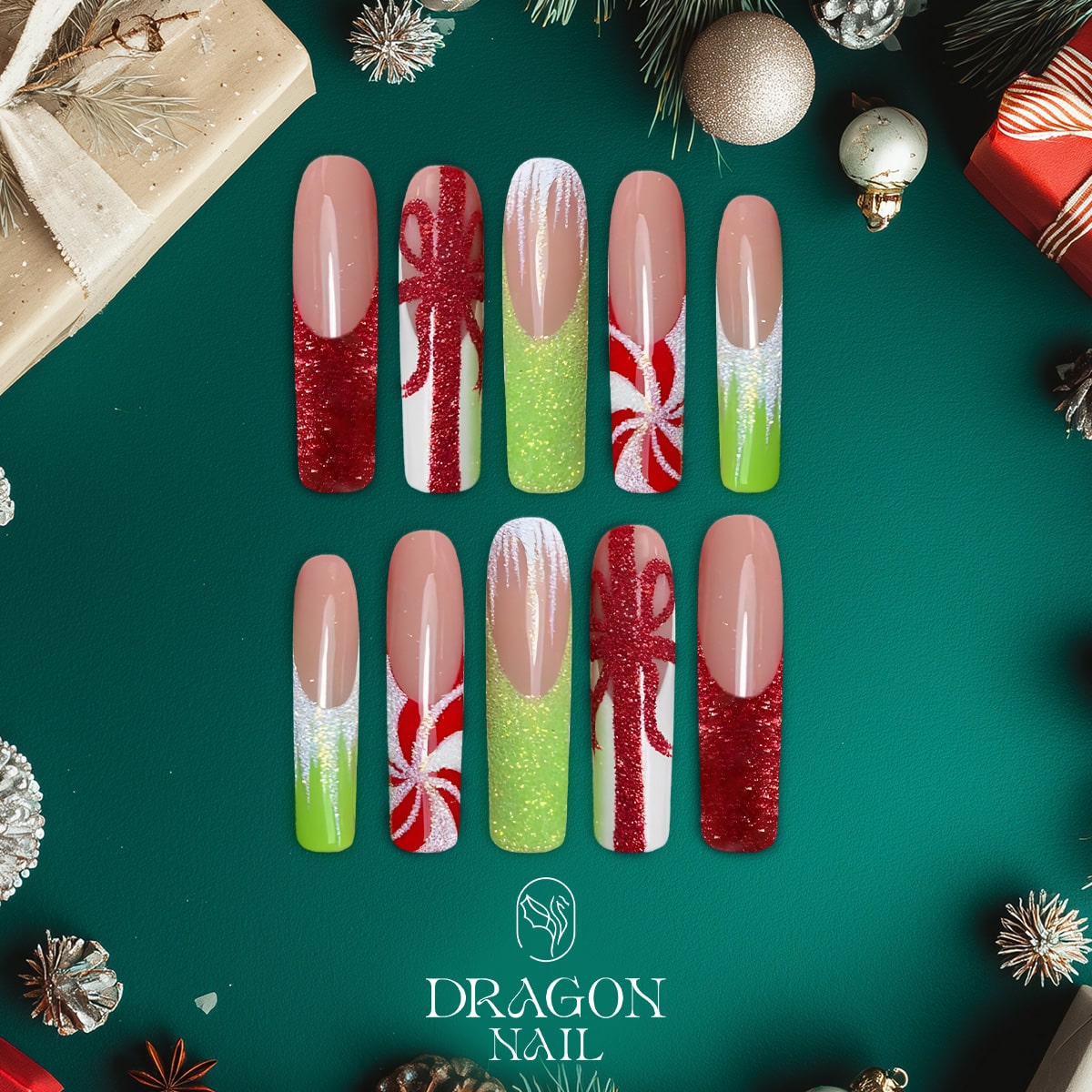 Christmas Gift Box Nails, Reusable Press-On Set, Red &amp; Green Holiday Glam, Limited Edition