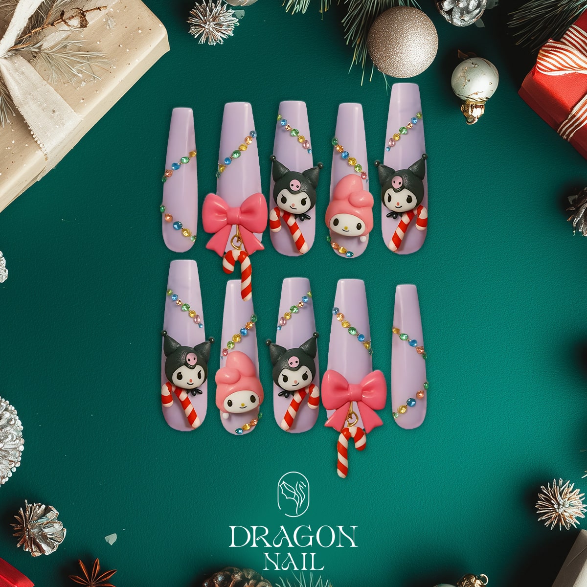 Kuromi &amp; My Melody Christmas Press-On Nails – Lilac Long Coffin Shape, 3D Bows &amp; Candy Cane Charms