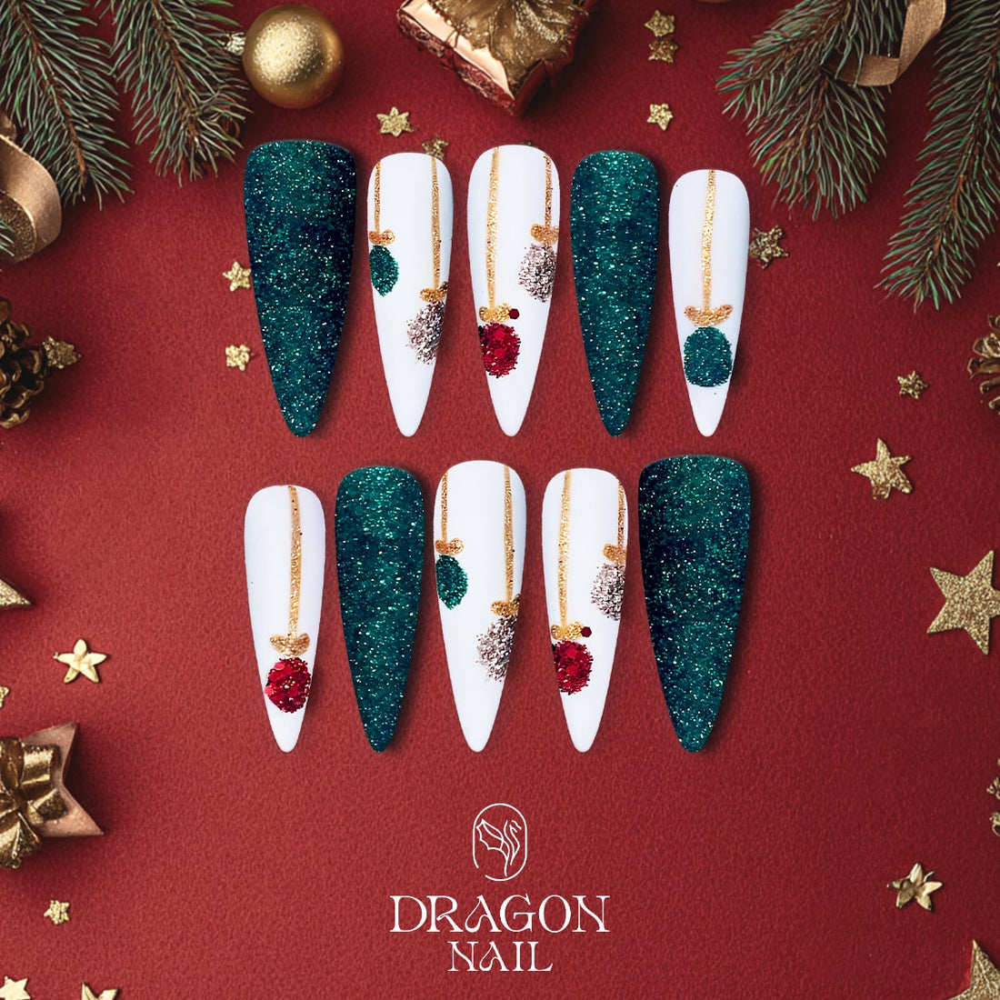 Emerald Green Christmas Ornament Press-On Nails – White &amp; Gold Glitter Holiday Design, Almond Shape