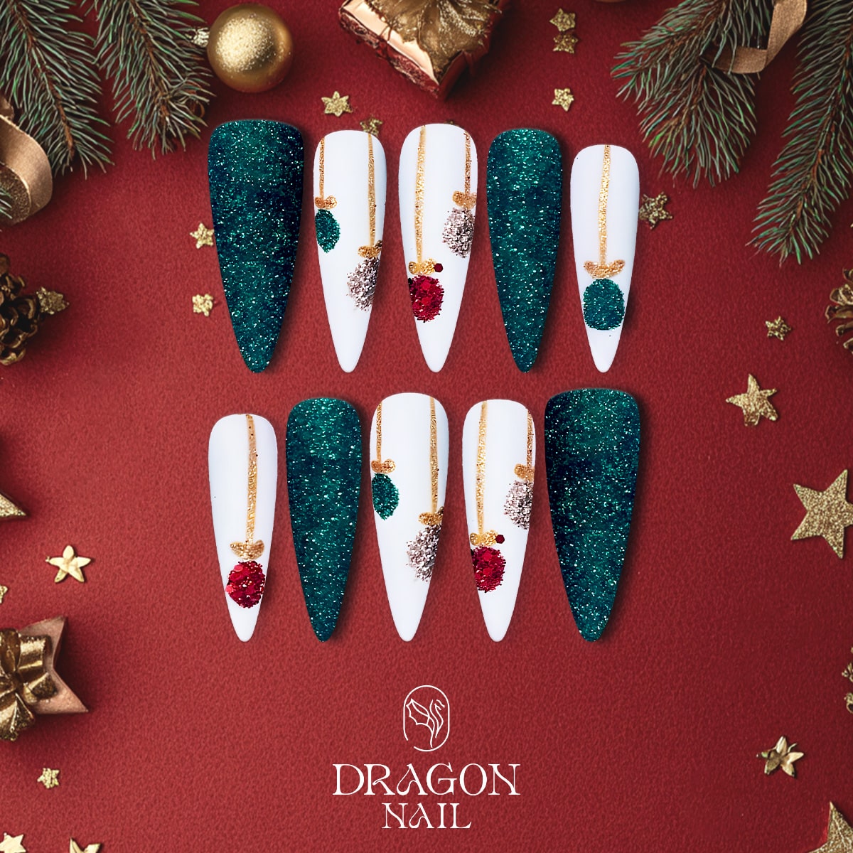 Emerald Green Christmas Ornament Press-On Nails – White &amp; Gold Glitter Holiday Design, Almond Shape