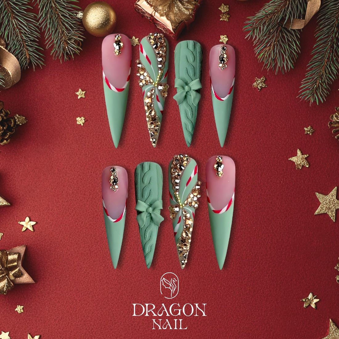Mint Green Candy Cane Christmas Press-On Nails – Matte &amp; Rhinestone Holiday Design, Extra Long Stiletto Shape