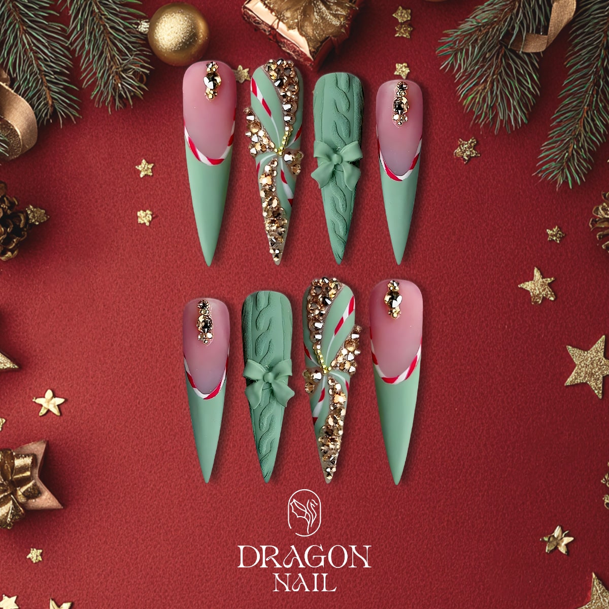 Mint Green Candy Cane Christmas Press-On Nails – Matte &amp; Rhinestone Holiday Design, Extra Long Stiletto Shape
