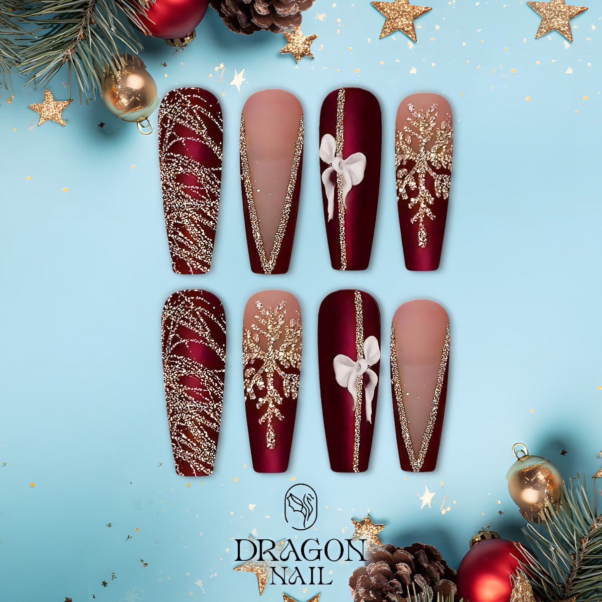 Matte Burgundy &amp; Gold Christmas Press-On Nails – 3D Bow &amp; Snowflake Design